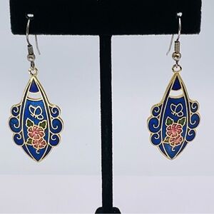 VTG Earrings Cloisonne Flower Blue Butterfly Gold Tone 80s Jewelry Retro Gift
